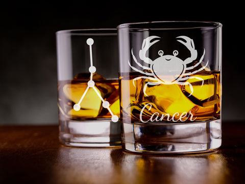 Cancer zodiac star sign engraved whiskey glass