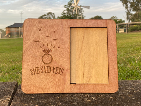 Laser cut and engraved photo frame she said yes