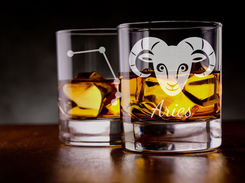 Aries zodiac star sign engraved whiskey glass