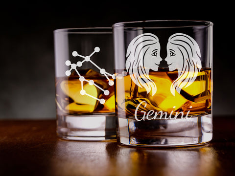 Gemini zodiac star sign engraved whiskey glass
