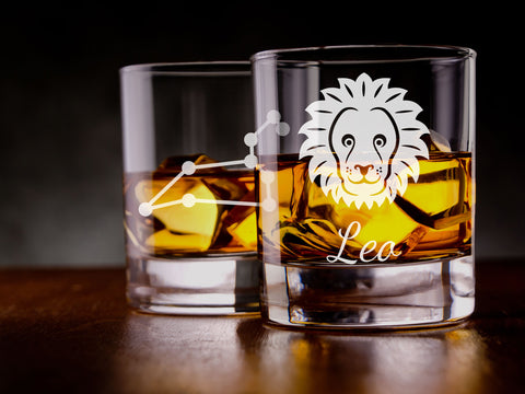 Leo zodiac star sign engraved whiskey glass