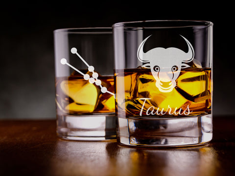 Taurus zodiac star sign engraved whiskey glass